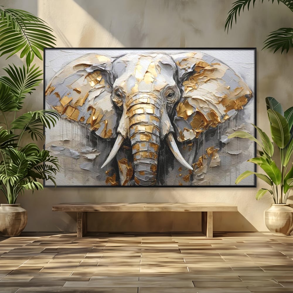 Tablou canvas cu tablou canvas cu cap de elefant in relief si insertii aurii, in rama de aluminiu negru